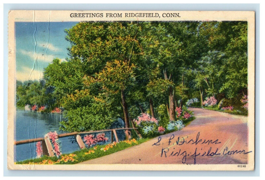 1954 Greetings From Ridgefield Connecticut CT, Road And River View Postcard