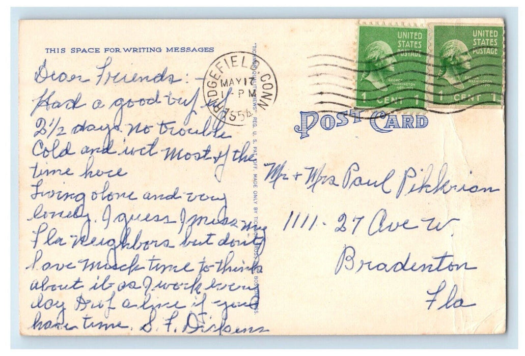 1954 Greetings From Ridgefield Connecticut CT, Road And River View Postcard