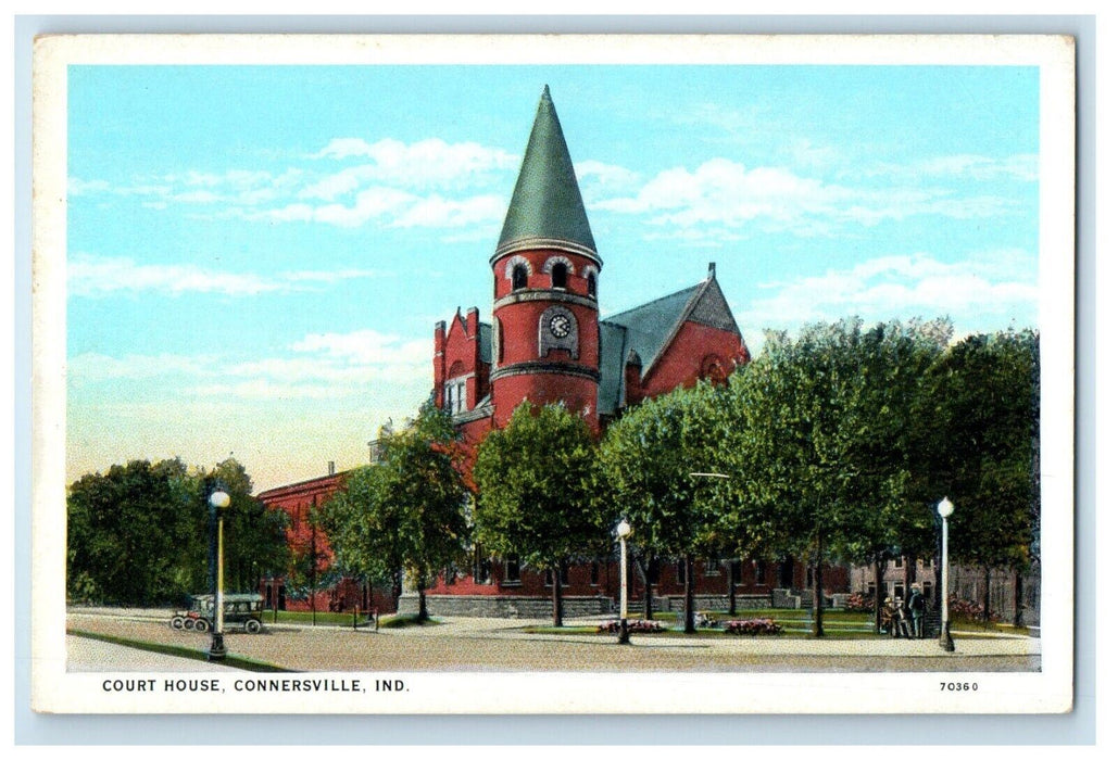 c1930's Court House Building Tower Clock Car Connersville Indiana IN Postcard