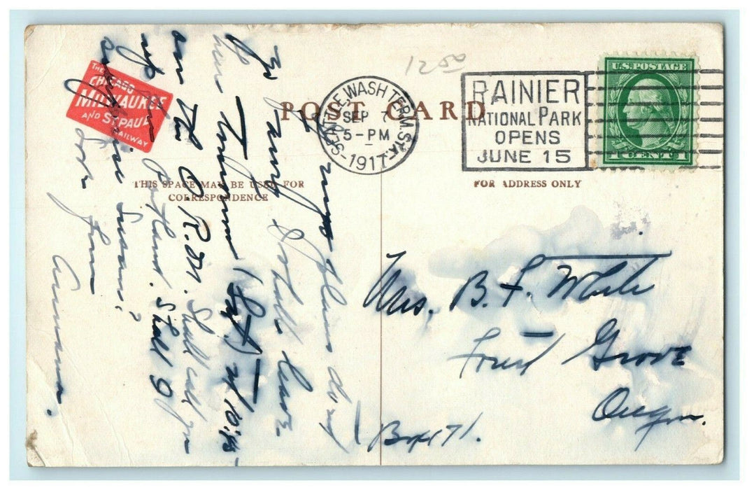 1917 The Olympian Chicago Milwaukee Railway Seattle Rainier Park Posted Postcard
