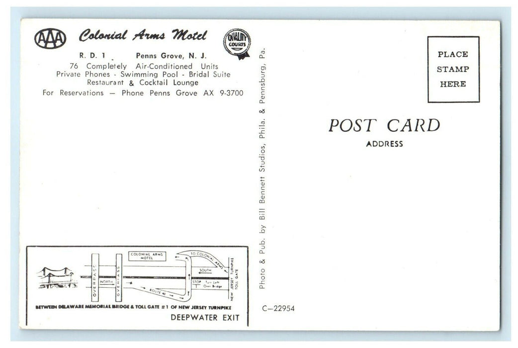 Colonial Arms Motel Car Penns Grove New Jersey NJ Vintage Postcard