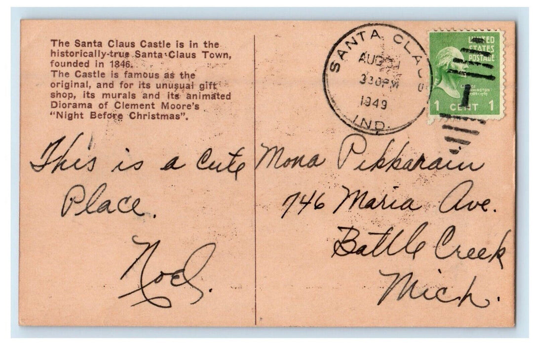 1949 Santa Claus Castle Santa Claus Indiana IN Posted Vintage Postcard