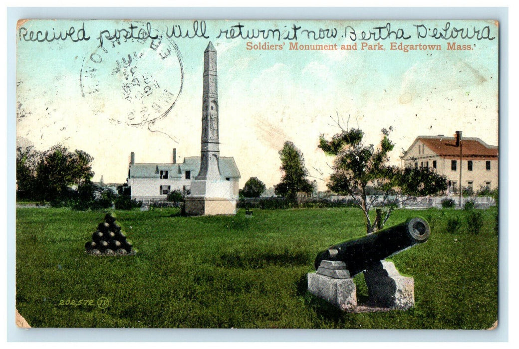 1907 Soldier's Monument and Park, Edgartown Massachusetts MA Posted Postcard