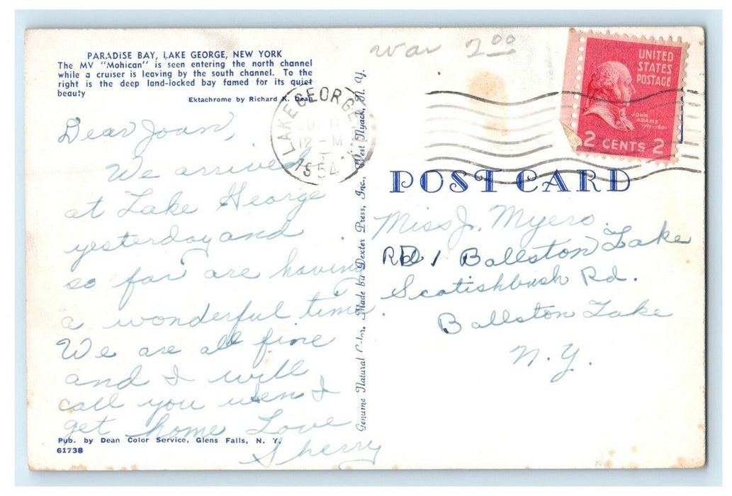 1954 Paradise Bay Mohican Ship Entering North Channel Lake George NY Postcard