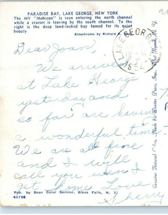 1954 Paradise Bay Mohican Ship Entering North Channel Lake George NY Postcard