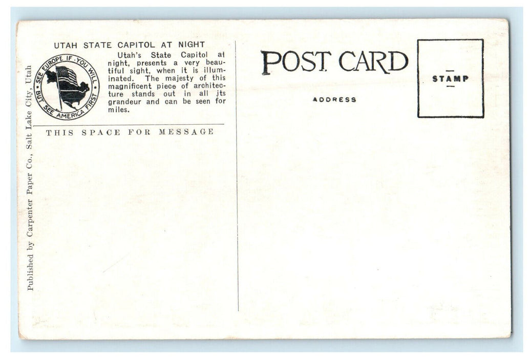 c1910s State Capitol at Night Salt Lake City Utah UT Unposted Postcard