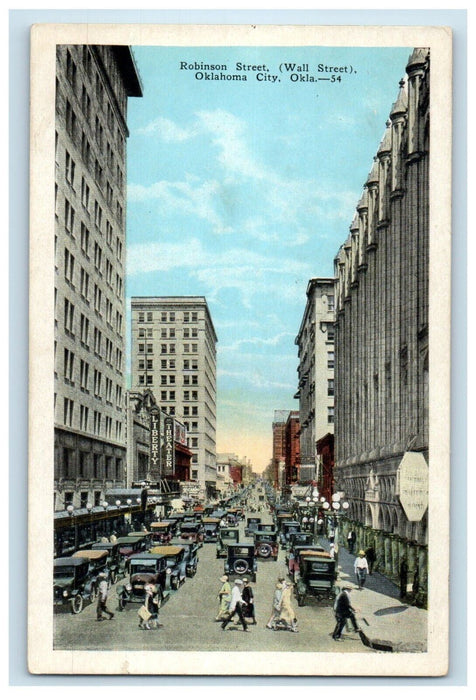 View Of Robinson Street Wall Street Cars Oklahoma City OK Vintage Postcard