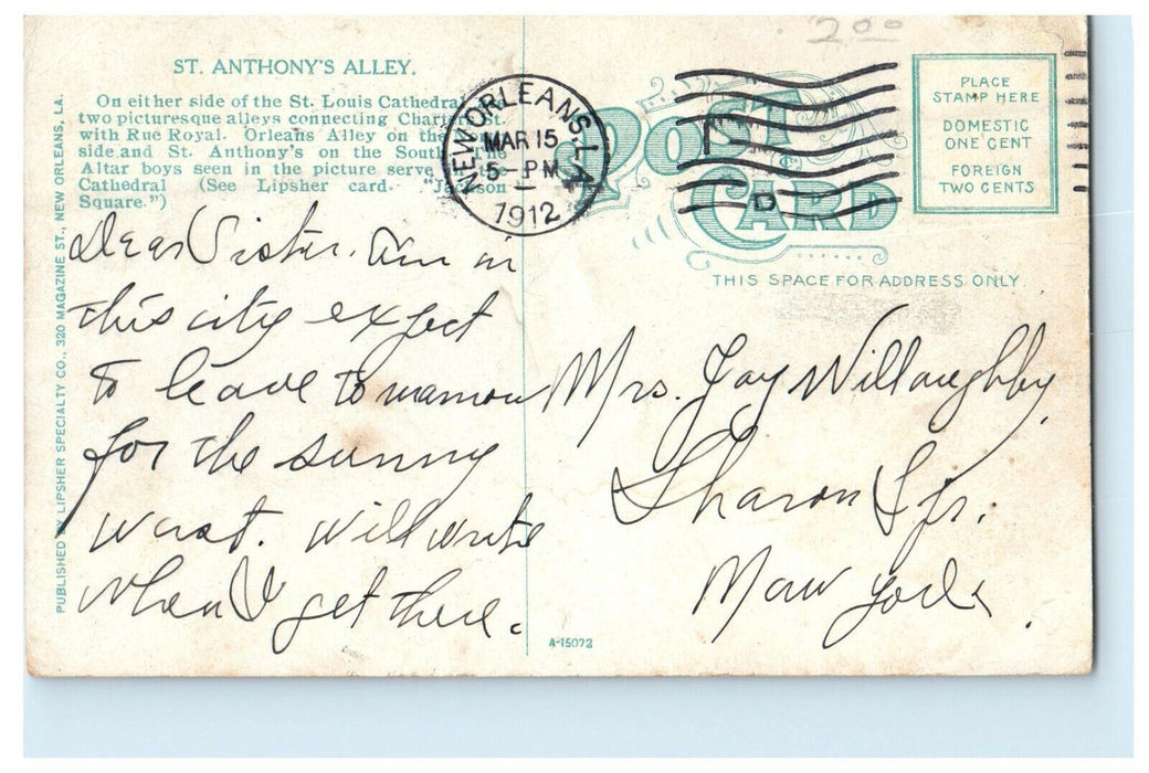 1912 St. Anthony's Alley, New Orleans Louisiana LA Posted Antique Postcard