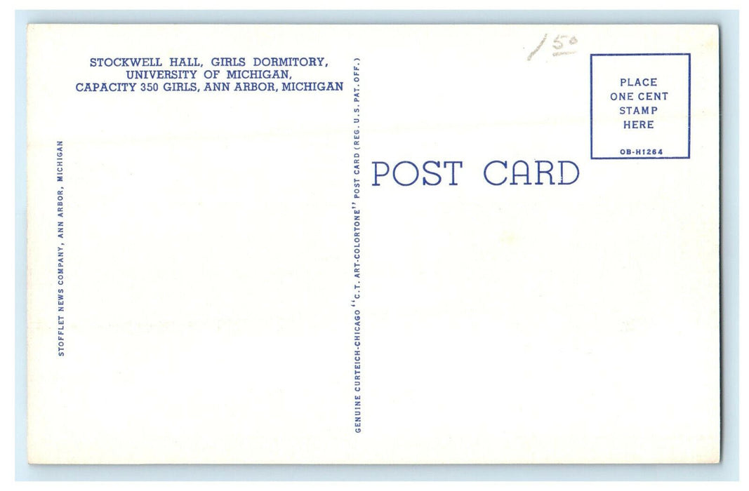 c1940s Stockwell Hall & Dormitory, University of Michigan, Michigan MI Postcard