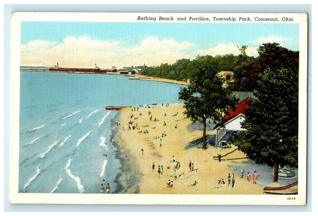 c1940's Bathing Beach And Pavilion Township Park Conneaut Ohio OH Postcard