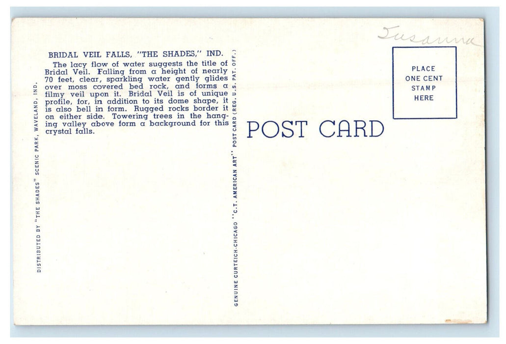 c1930s Indiana's Most Scenic Park "The Shades" Bridal Veil Falls IN Postcard