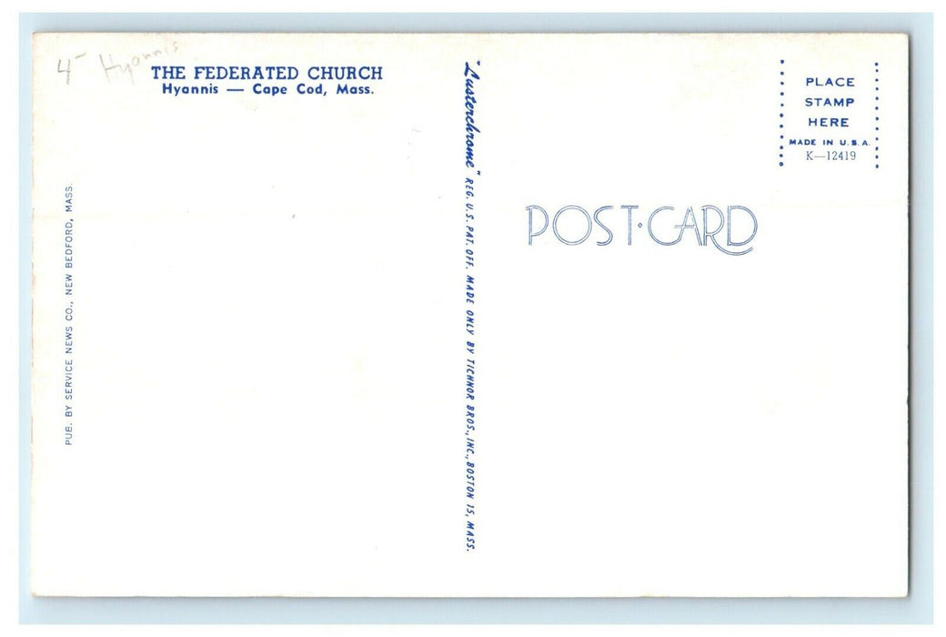 c1946 The Federated Church, Hyannis Massachusetts MA Vintage Postcard
