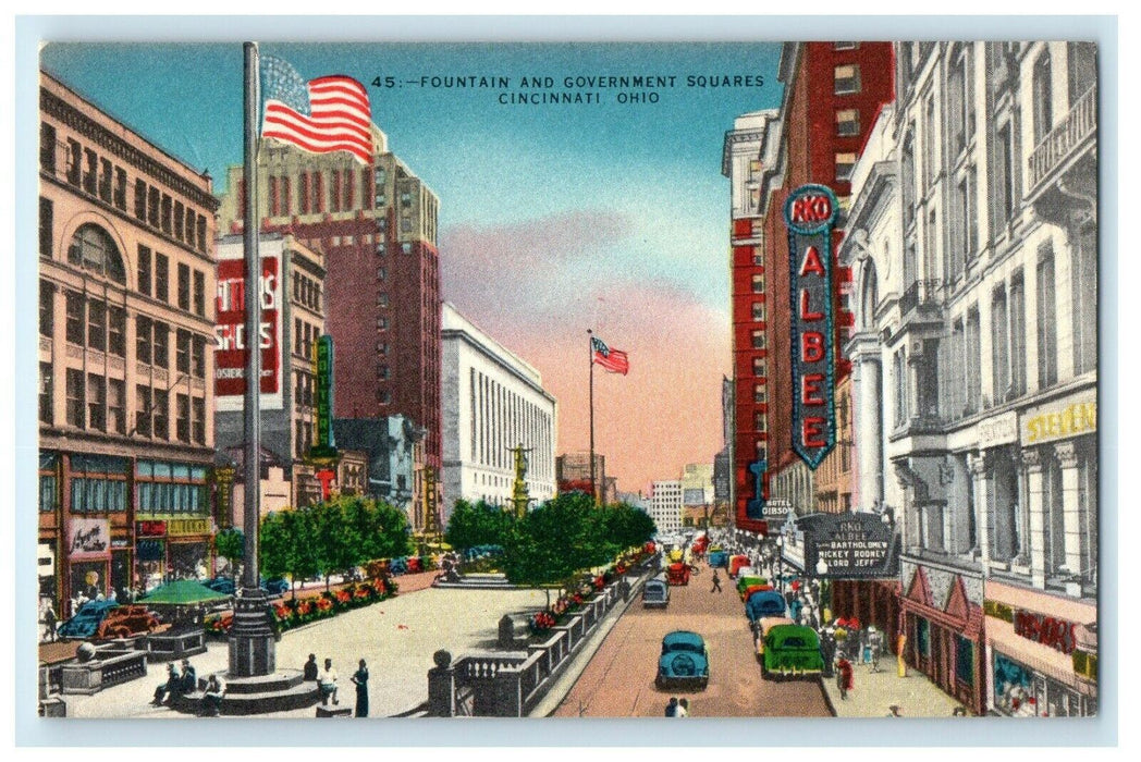 c1940's Fountain And Government Squares Cincinnati Ohio OH Vintage Postcard