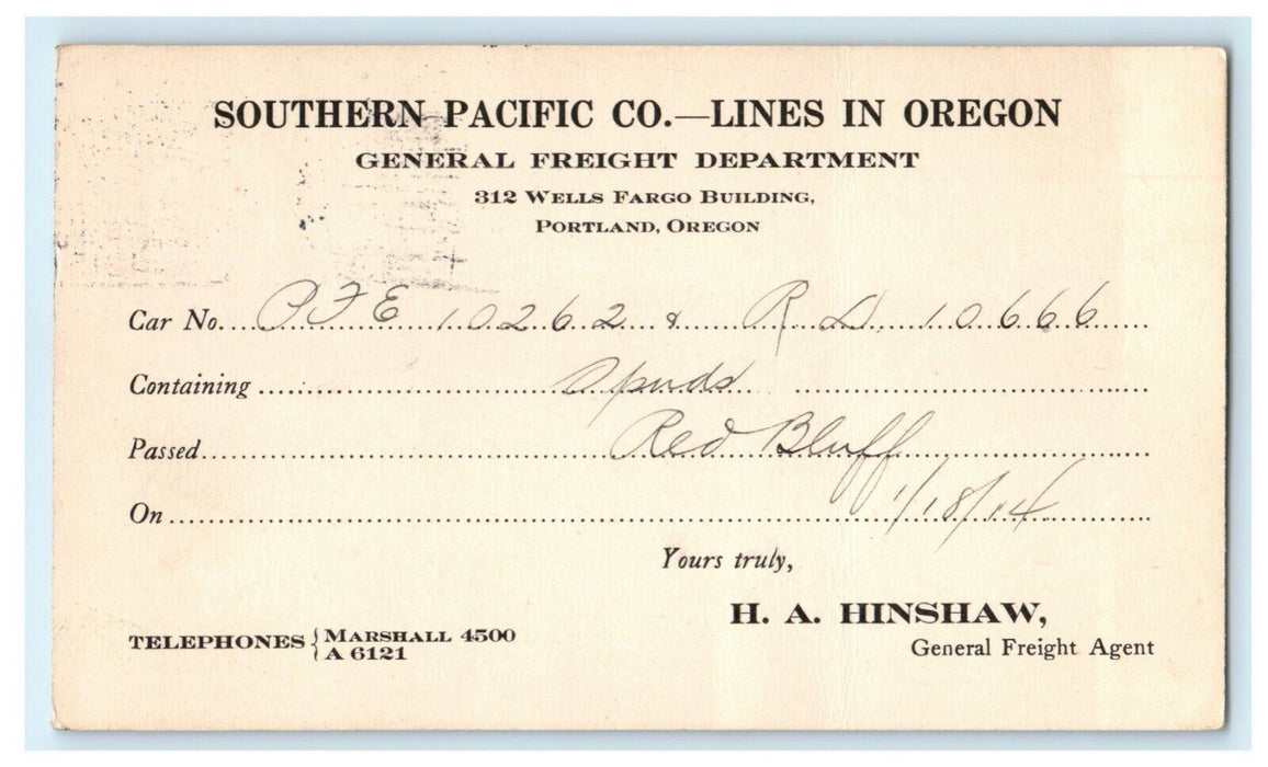 1914 Southern Pacific Co. Portland Oregon Freight Dept. Red Bluff Postcard
