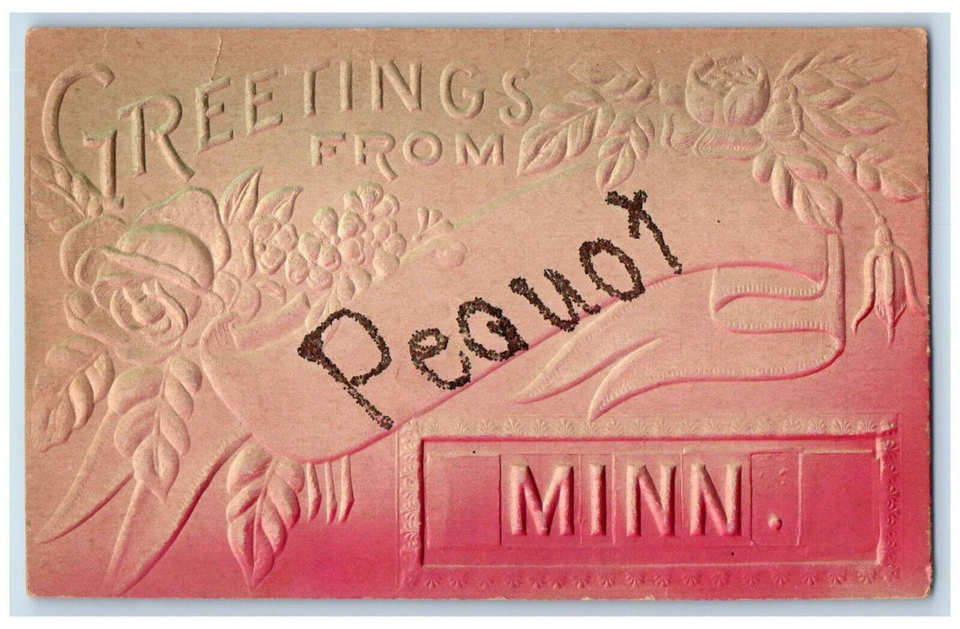 Greetings From Pequot Minnesota MN Embossed Airbrushed Antique Unposted Postcard