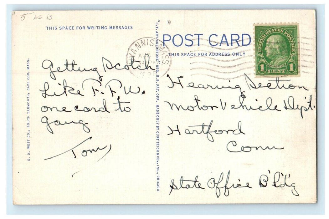 c1936 Vintage Car in The Hyannis Inn, Hyannis Massachusetts MA Postcard