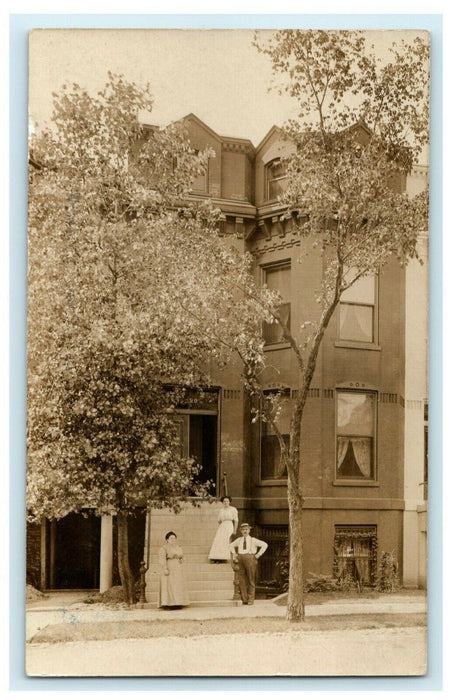 1910 Chicago Illinois IL Family in Front of Brownstone House RPPC Photo Postcard