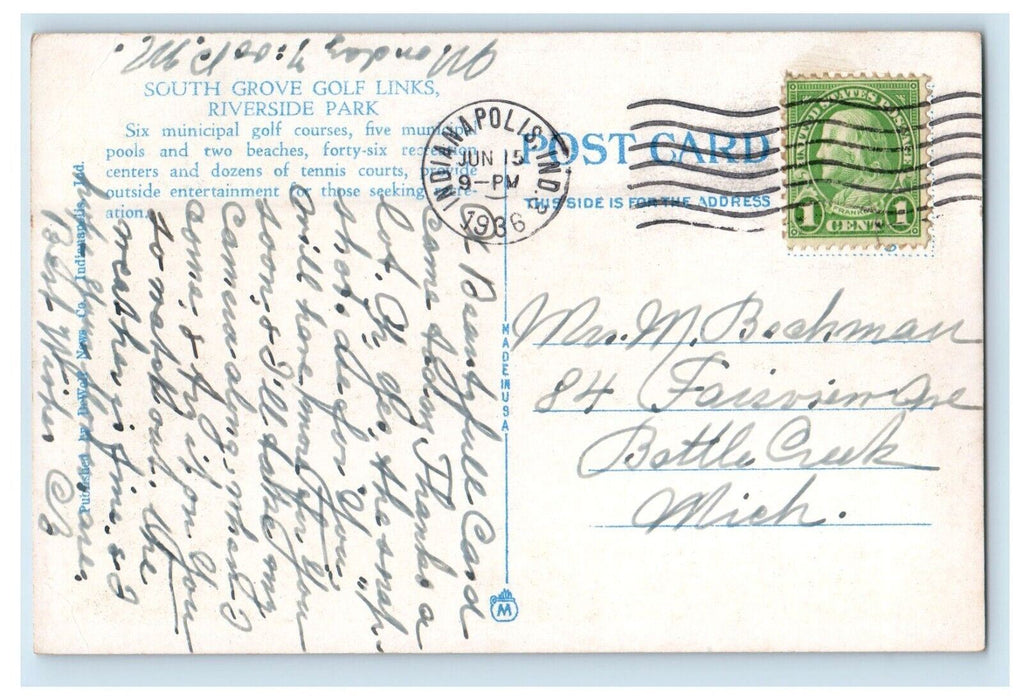 1936 South Grove Links Riverside Park Indianapolis Indiana IN Vintage Postcard
