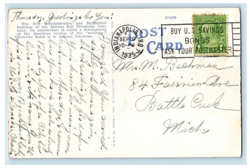 1935 Indiana Bell Telephone Company Building Indianapolis IN Vintage Postcard