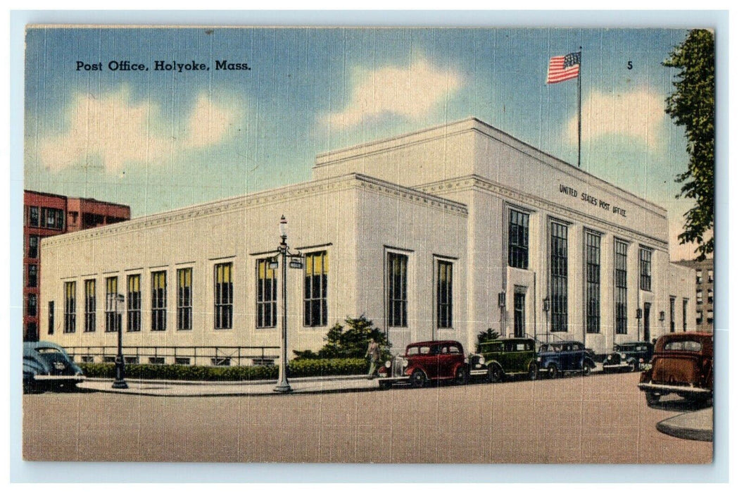 c1934 Vintage Cars Parked in Post Office, Holyoke, Massachusetts MA Postcard