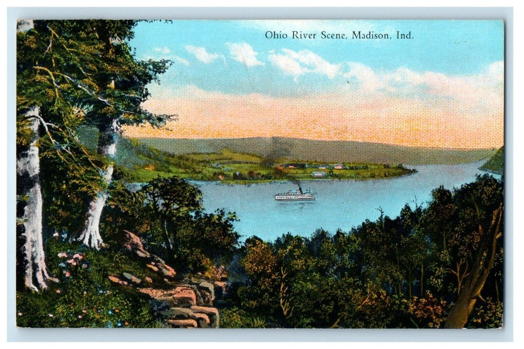 1935 Ohio River Scene Steamboat Ship Madison Indiana IN Vintage Postcard