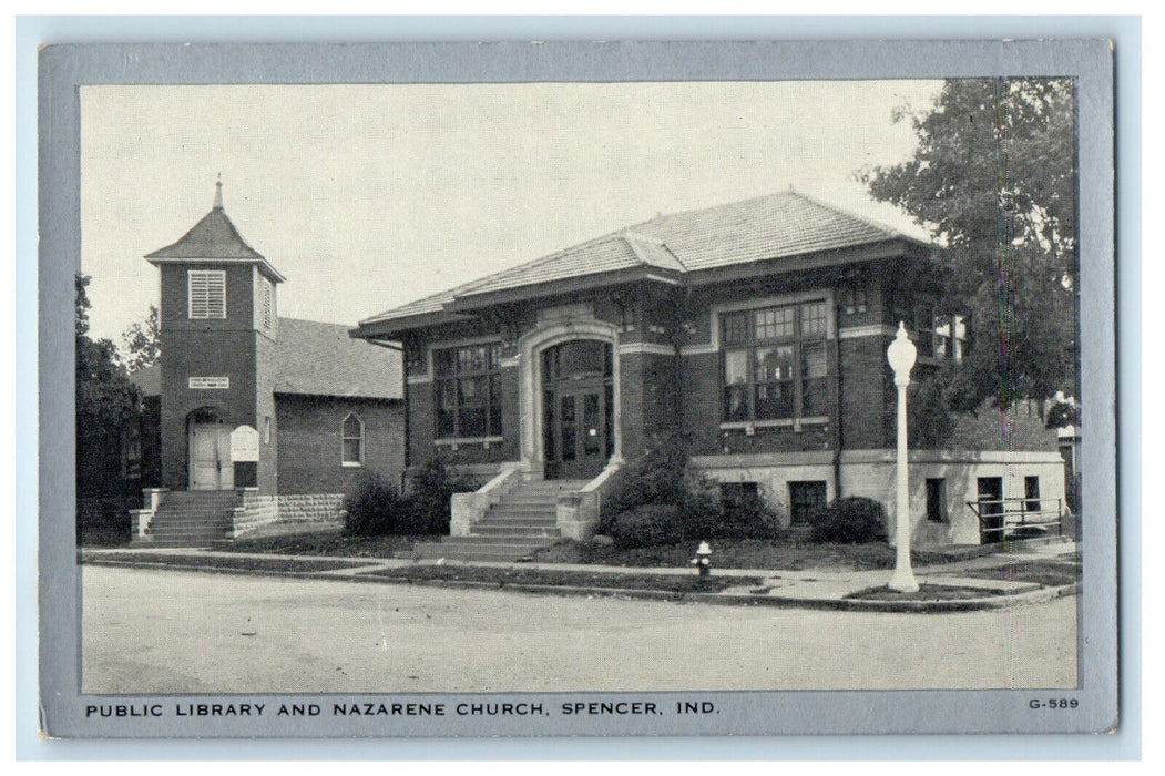 c1940s Public Library and Nazarene Church Spencer IN Unposted Postcard