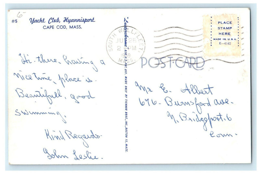 c1959 Yacht Club, Hyannisport Massachusetts MA Antique Posted Postcard