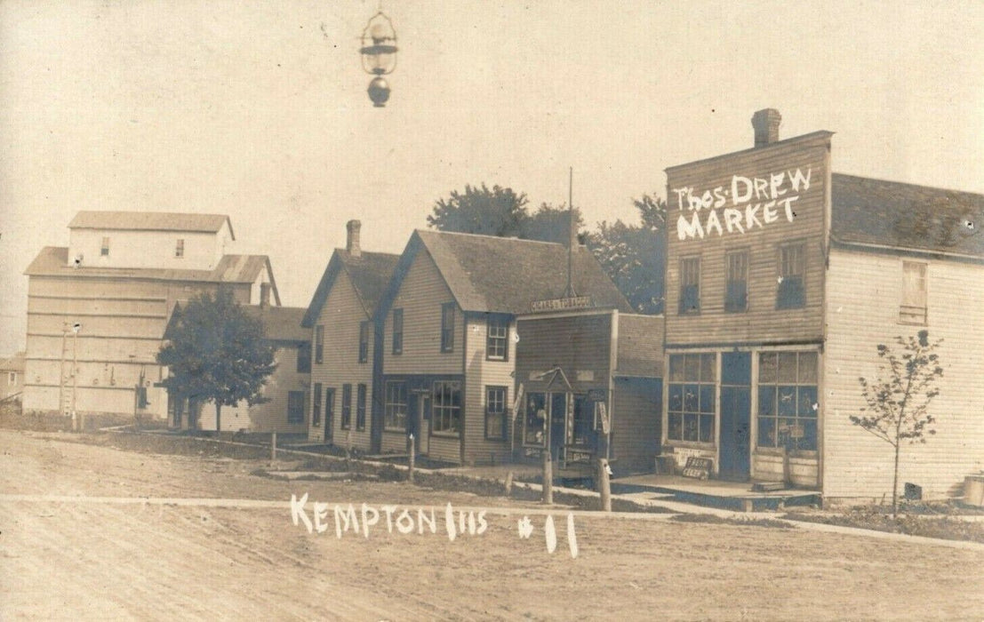 c1910 Kempton Illinois IL Market Tobacco Sign Gas Light RPPC Photo Postcard