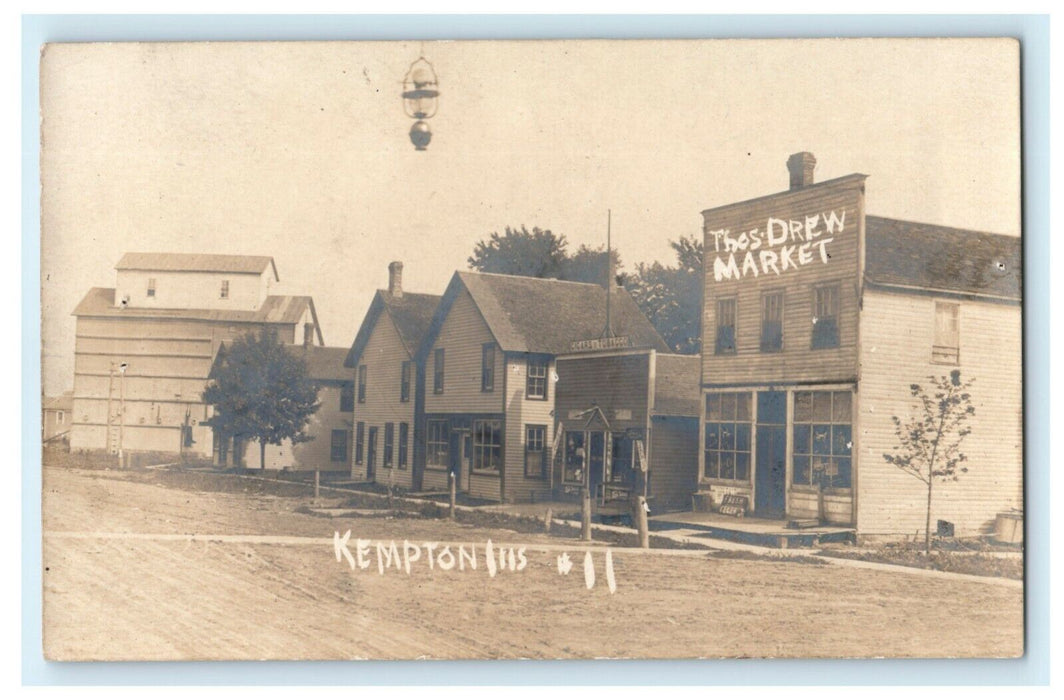 c1910 Kempton Illinois IL Market Tobacco Sign Gas Light RPPC Photo Postcard