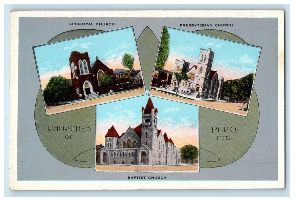 c1920s Multiview of Churches, Peru Indiana IN Unposted Postcard
