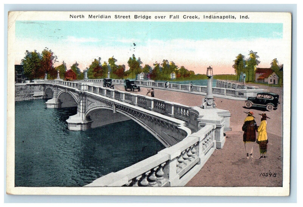 1932 North Meridian Street Bridge Over Fall Creek Cars Indianapolis IN Postcard