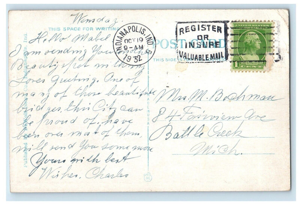 1932 North Meridian Street Bridge Over Fall Creek Cars Indianapolis IN Postcard