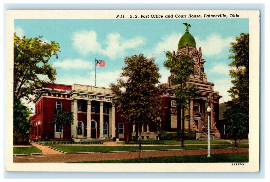 c1940's The U.S Post Office And Court House Painesville Ohio OH Vintage Postcard