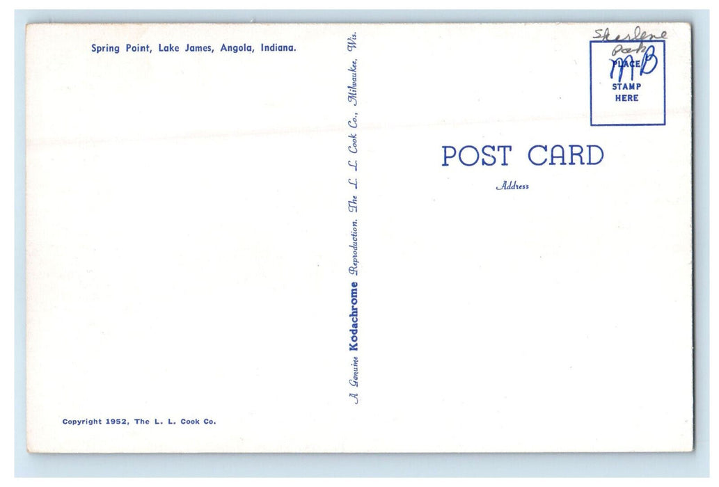 1952 Spring Point Lake James Angola Indiana IN Unposted Vintage Postcard