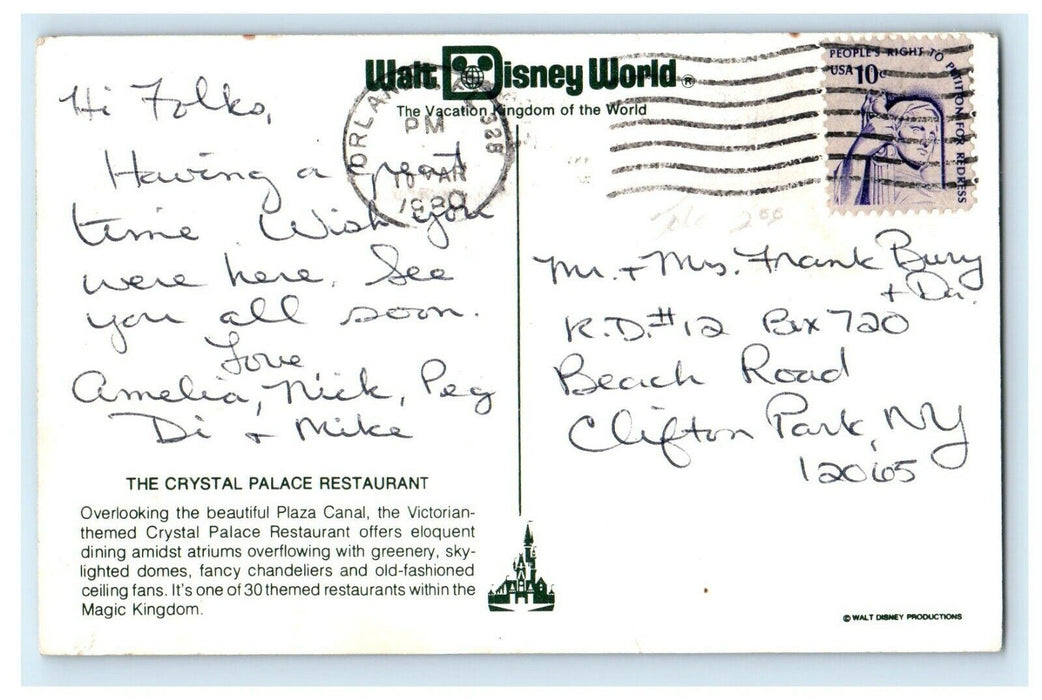 1980 The Crystal Palace Restaurant Walt Disney World Orlando Florida FL Postcard