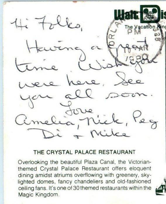 1980 The Crystal Palace Restaurant Walt Disney World Orlando Florida FL Postcard