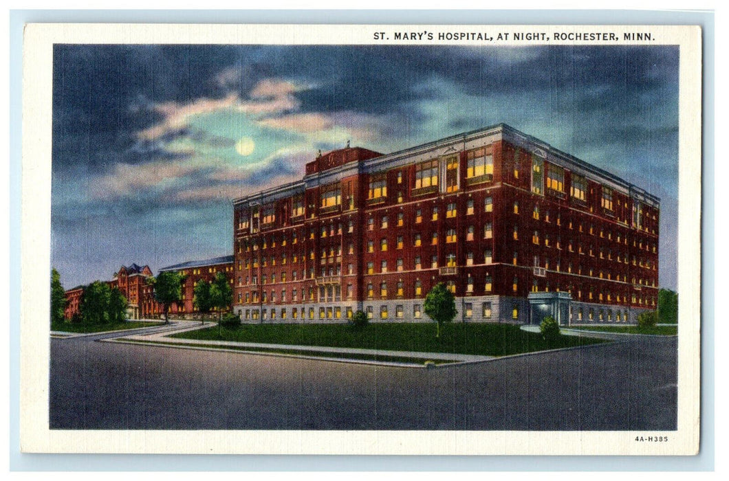 c1940s St. Mary's Hospital at Night, Rochester Minnesota MN Unposted Postcard