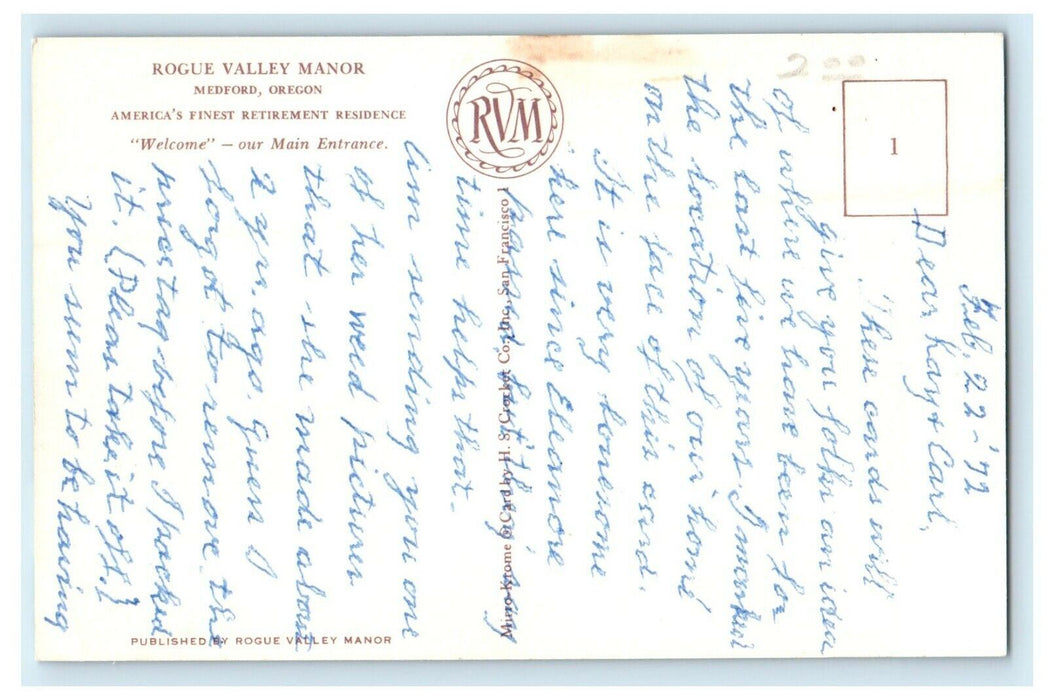 1972 Main Entrance Rogue Valley Manor Building Medford Oregon OR Postcard