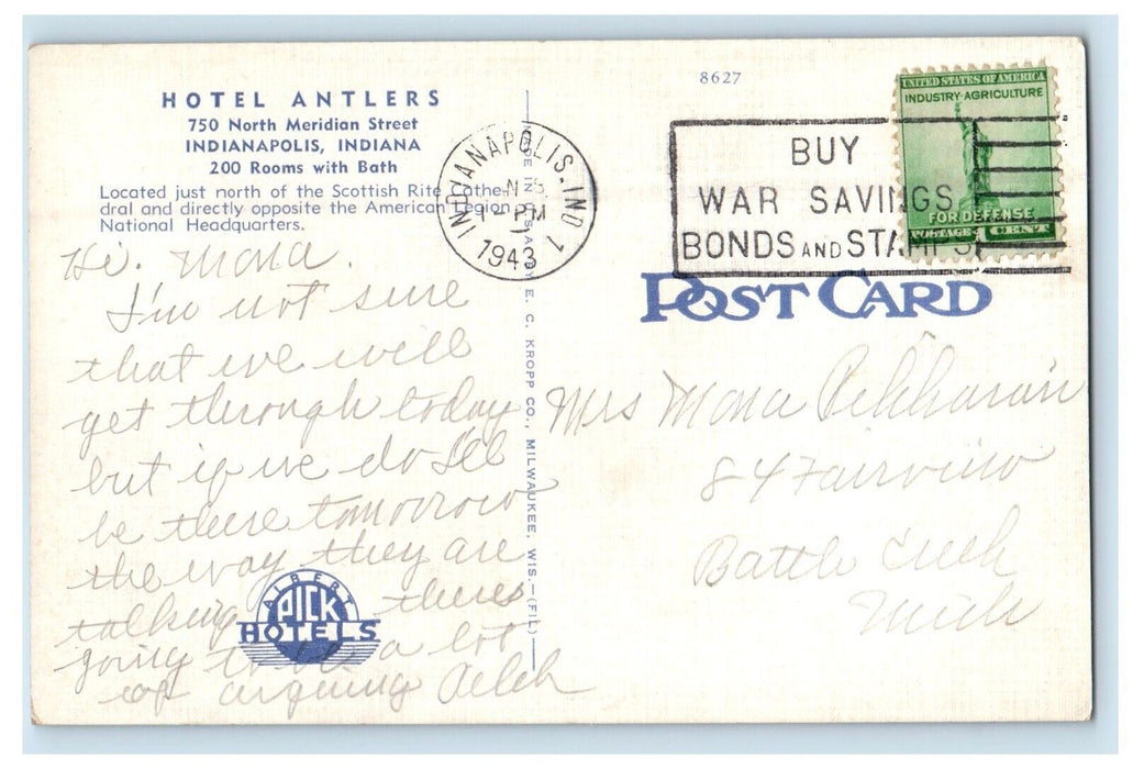 1943 Hotel Antlers Building Indianapolis Indiana IN Posted Vintage Postcard