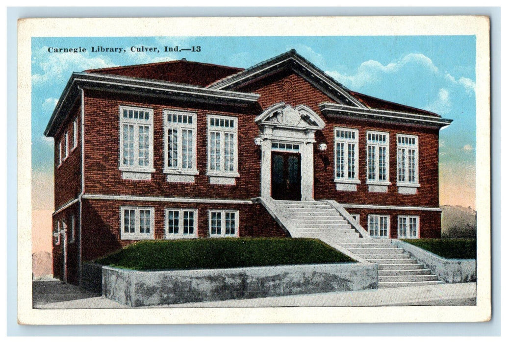 c1930s Entrance of Carnegie Library Culver Indiana Vintage Unposted Postcard