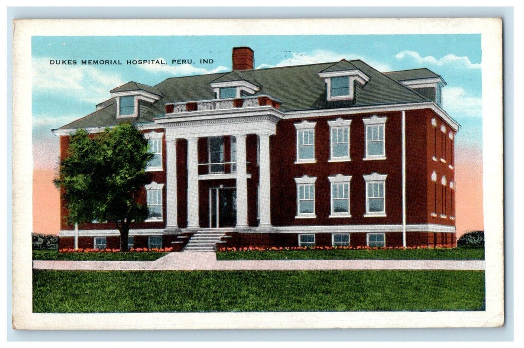 1937 View Of Dukes Memorial Hospital Building Peru Indiana IN Vintage Postcard