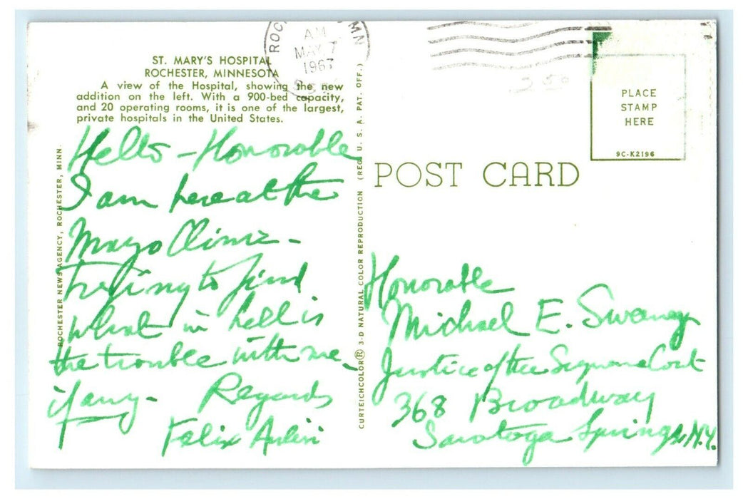 1967 St. Mary's Hospital Building Cars Rochester Minnesota MN Vintage Postcard