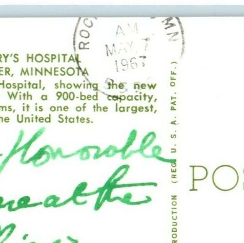 1967 St. Mary's Hospital Building Cars Rochester Minnesota MN Vintage Postcard