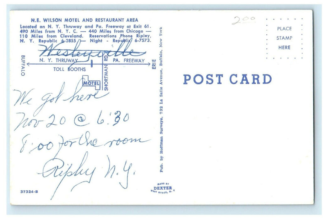 c1950's Wilson Motel Restaurant Entrance To NY Thruway And PA Freeway Postcard