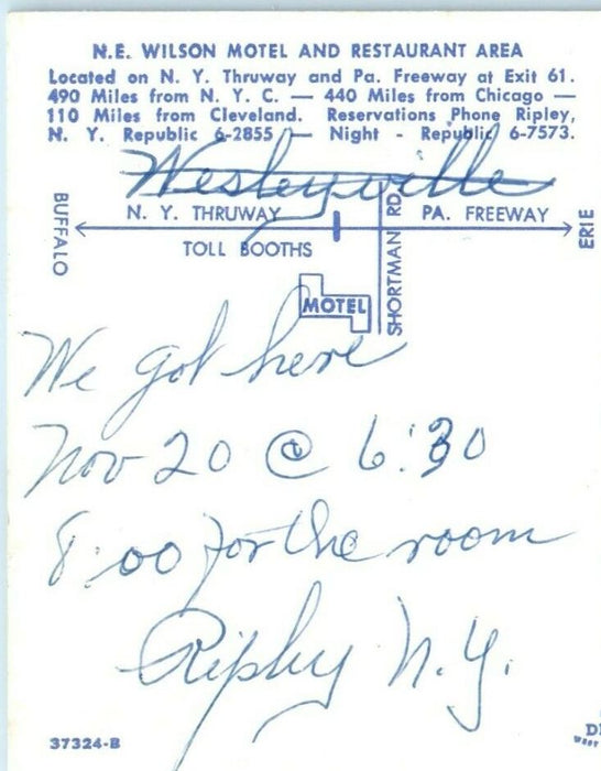 c1950's Wilson Motel Restaurant Entrance To NY Thruway And PA Freeway Postcard