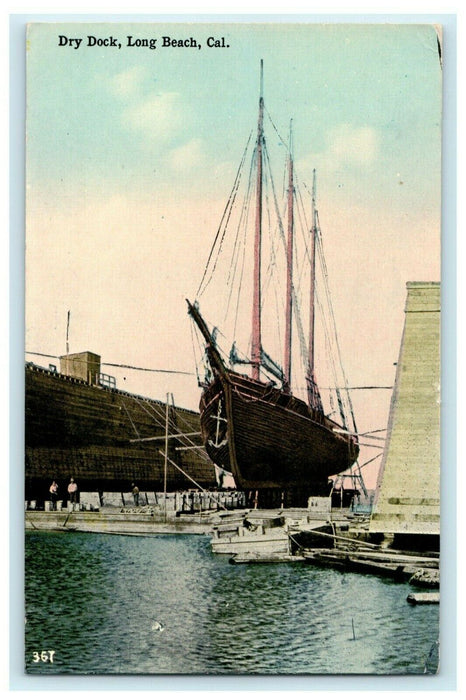 c1910 Dry Dock Sailboat Boat Long Beach California CA Unposted Antique Postcard