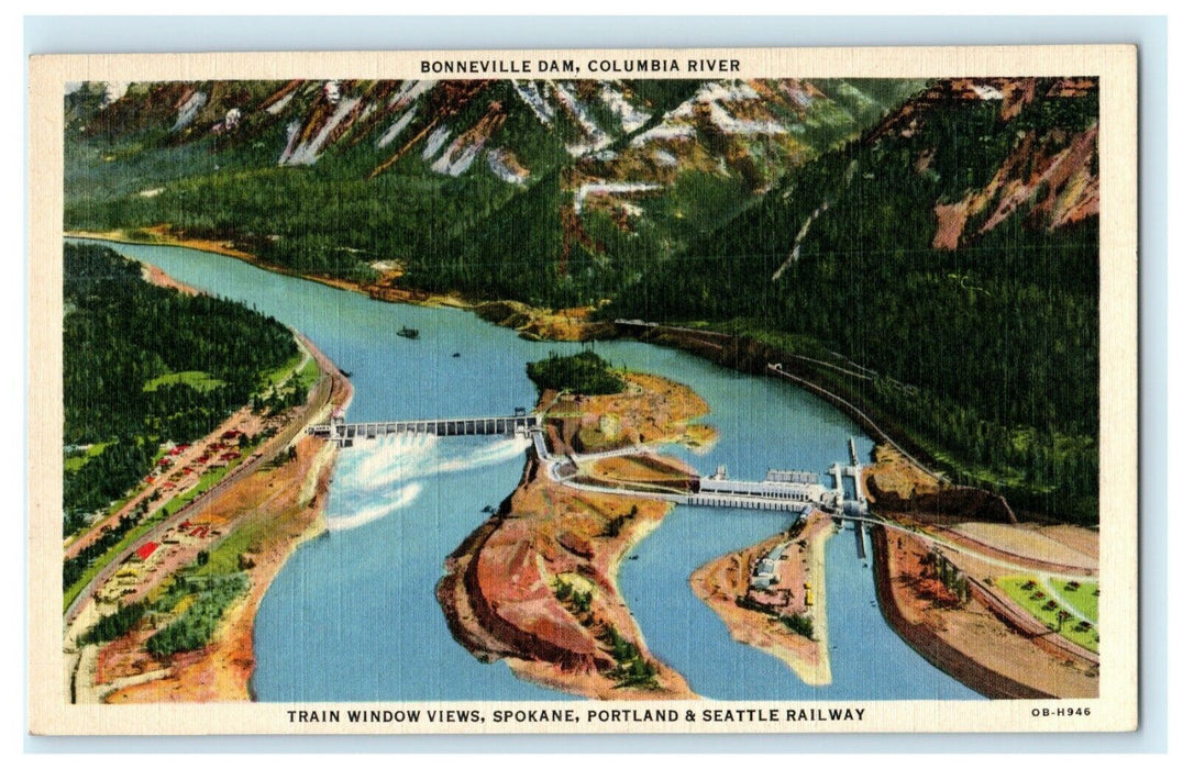 c1940's Bonneville Dam Columbia River Spokane Portland Seattle Railway Postcard