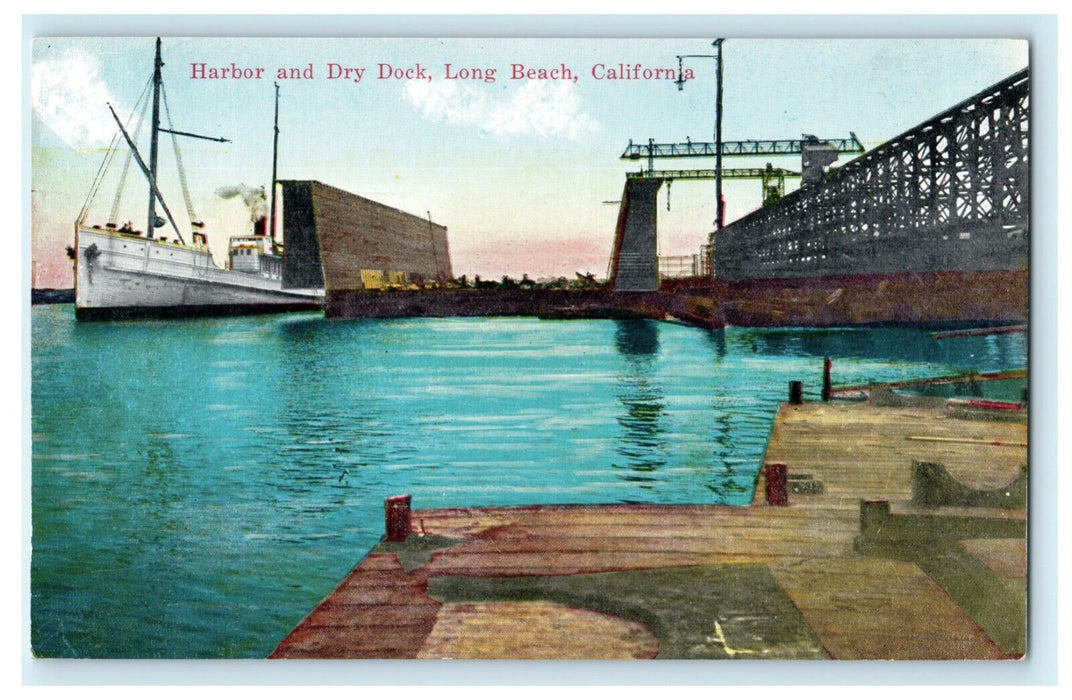 c1910 Harbor Dry Dock Boat Long Beach California CA Unposted Antique Postcard