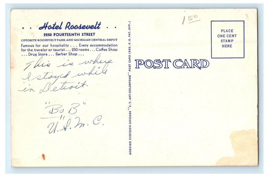 c1940 Roosevelt Hotel Fourteenth Street Detroit Michigan MI Advertising Postcard