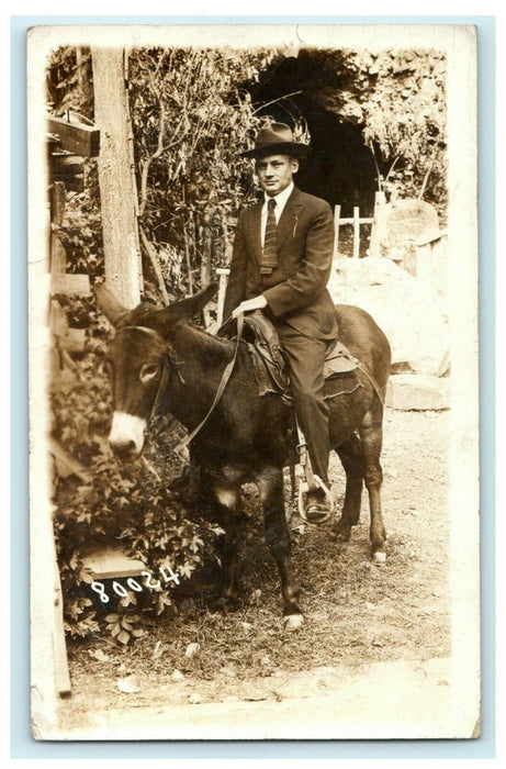 c1910 Man on Donkey Happy Hollow Hot Springs Arkansas AR RPPC Photo Postcard